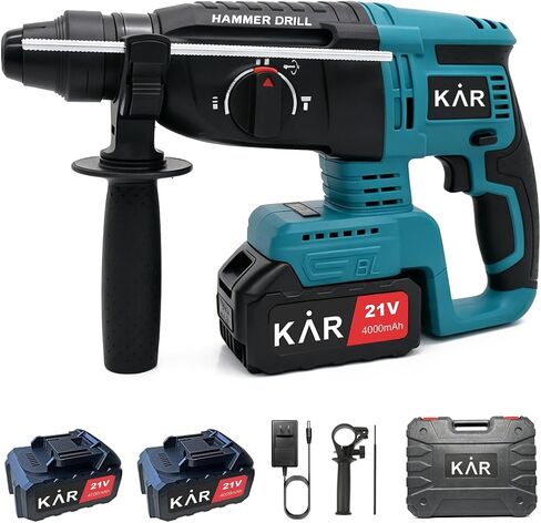 Karramlili 21V Brushless Rotary Hammer – 600W Motor, 0-4500 BPM Impact, 0-1100 RPM Variable Speed, 2×4000mAh Batteries & Charger, for Concrete, Brick & Light Demolition in Kuwait