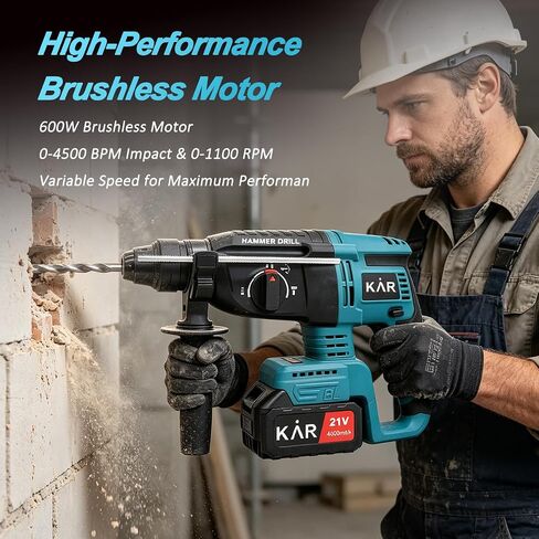Karramlili 21V Brushless Rotary Hammer – 600W Motor, 0-4500 BPM Impact, 0-1100 RPM Variable Speed, 2×4000mAh Batteries & Charger, for Concrete, Brick & Light Demolition in Kuwait