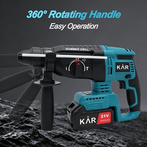 Karramlili 21V Brushless Rotary Hammer – 600W Motor, 0-4500 BPM Impact, 0-1100 RPM Variable Speed, 2×4000mAh Batteries & Charger, for Concrete, Brick & Light Demolition in Kuwait