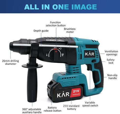 Karramlili 21V Brushless Rotary Hammer – 600W Motor, 0-4500 BPM Impact, 0-1100 RPM Variable Speed, 2×4000mAh Batteries & Charger, for Concrete, Brick & Light Demolition in Kuwait