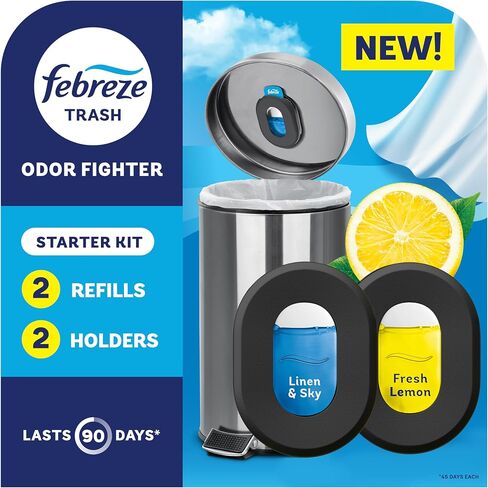 Febreze Can Odor Fighter, Can Air Freshener, Stick-On Deodorizer for Garbage Cans, Diaper Pails, Works with Scented Bags, Fresh Lemon and Linen & Sky Scents, 2 Holders + 2 Refills in Kuwait