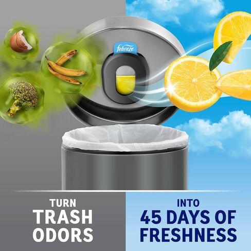 Febreze Can Odor Fighter, Can Air Freshener, Stick-On Deodorizer for Garbage Cans, Diaper Pails, Works with Scented Bags, Fresh Lemon and Linen & Sky Scents, 2 Holders + 2 Refills in Kuwait