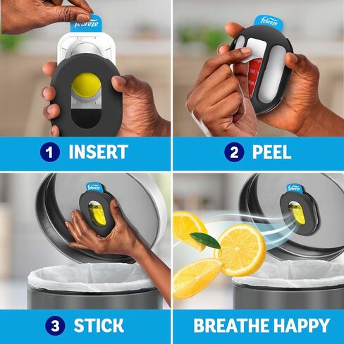 Febreze Can Odor Fighter, Can Air Freshener, Stick-On Deodorizer for Garbage Cans, Diaper Pails, Works with Scented Bags, Fresh Lemon and Linen & Sky Scents, 2 Holders + 2 Refills in Kuwait