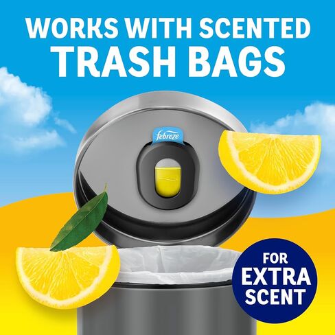 Febreze Can Odor Fighter, Can Air Freshener, Stick-On Deodorizer for Garbage Cans, Diaper Pails, Works with Scented Bags, Fresh Lemon and Linen & Sky Scents, 2 Holders + 2 Refills in Kuwait