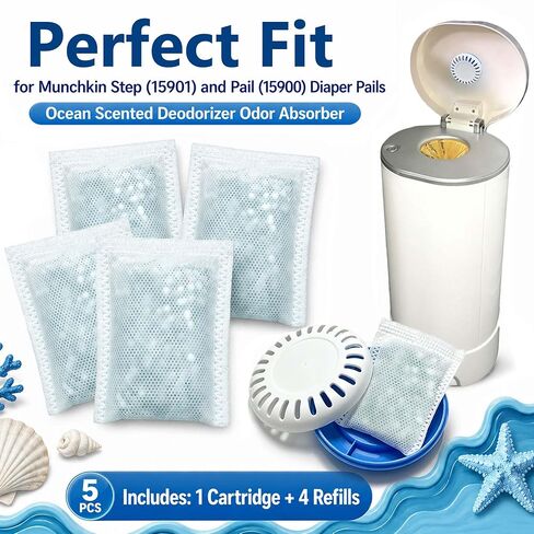 Puck Cartridge & 4 Baking Soda Refills for Munchkin Diaper Pails | Ocean Scented Deodorizer For Munchkin Step (15901) and Pail (15900) Diaper Pails, 5 PCS Odor Absorber in Kuwait