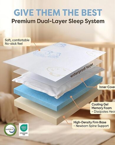 38"x26"x1.42" Dual-Sided Gel Memory Foam Pack and Play Mattress Pad | Waterproof & Washable cover. Portable travel mini crib & playard mattress topper replacement for baby & toddler playpens. in Kuwait