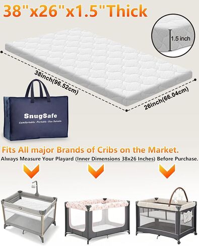 Pack and Play Mattress, 38"x26" Comfortable Soft & Firm Breathable Pack n Play Mattresses, Portable Baby Playpen Mattress with Carry Bag, Removable Washable Cover - 38"x26"x1.5" in Kuwait