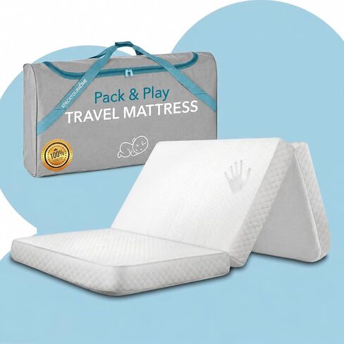 Foldable Travel Pack n Play Mattress Pad with Bag, Waterproof Portable Mini Crib Mattresses, Baby Bed Playpen Memory Foam Topper, Playard Pen Accessories, Traveling Case Included in Kuwait