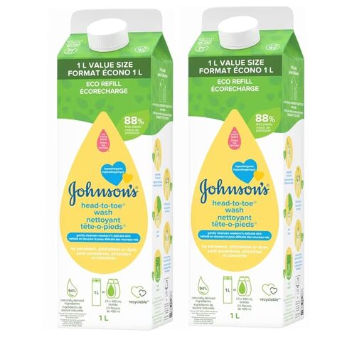 Johnson's Baby Body Wash & Shampoo, 2 Pack, Gentle Tear Free & Hypoallergenic Baby Body Wash & Shampoo for Newborn’s Sensitive Skin & Hair, Value Size Wash Refill, 33.8 fl. oz in Kuwait