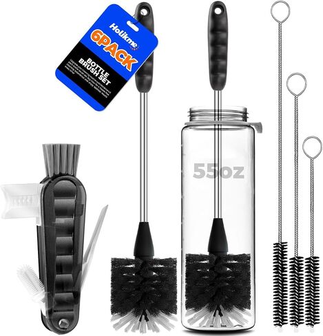 Holikme 5 Pack Bottle Brush 14" Stainless Steel Straw Cleaner Brush,Black | 14" Long Handle Stainless Steel Bottle Cleaner Brush, 3 Straw Brushes, Bottle Cleaning Brush for Water Bottle Cups Baby in Saudi Arabia