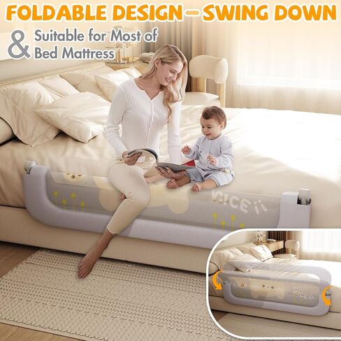 Bed Guard Rail for Toddlers - 47 inches Lift Foldable Toddler Bed Rails for Kids - Safety Baby Bed Rail Guard with Reinforced - Great Fit for Kids Twin Double, Full Size, Queen, King Size in Kuwait