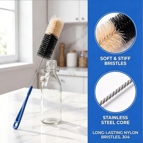 2 Pack 17 Inch Long Bottle Brush Set, Dual 2" & 1.3" Soft Nylon Bristles, Flexible Handle for Narrow Neck Bottles, Water Bottles, Kombucha, Wine Bottles, Spice Jars, Hummingbird Feeders in Kuwait