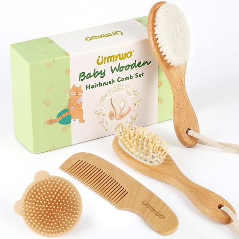 Baby Brush and Comb Set - 4 Piece Wooden Soft Bristle Hairbrush for Newborns, Baby Brush for Cradle Cap - Essentials Care Kit - Baby Shower Gift for Boys & Girls in Kuwait