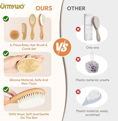 Baby Brush and Comb Set - 4 Piece Wooden Soft Bristle Hairbrush for Newborns, Baby Brush for Cradle Cap - Essentials Care Kit - Baby Shower Gift for Boys & Girls in Kuwait