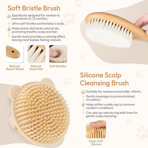 Baby Brush and Comb Set - 4 Piece Wooden Soft Bristle Hairbrush for Newborns, Baby Brush for Cradle Cap - Essentials Care Kit - Baby Shower Gift for Boys & Girls in Kuwait