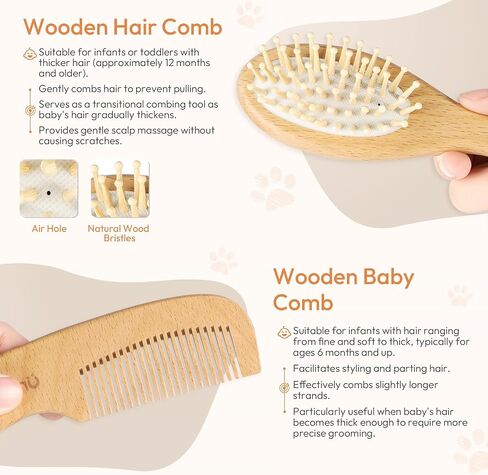 Baby Brush and Comb Set - 4 Piece Wooden Soft Bristle Hairbrush for Newborns, Baby Brush for Cradle Cap - Essentials Care Kit - Baby Shower Gift for Boys & Girls in Kuwait