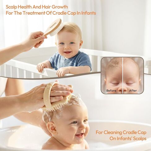 Baby Brush and Comb Set - 4 Piece Wooden Soft Bristle Hairbrush for Newborns, Baby Brush for Cradle Cap - Essentials Care Kit - Baby Shower Gift for Boys & Girls in Kuwait