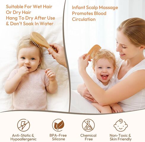 Baby Brush and Comb Set - 4 Piece Wooden Soft Bristle Hairbrush for Newborns, Baby Brush for Cradle Cap - Essentials Care Kit - Baby Shower Gift for Boys & Girls in Kuwait