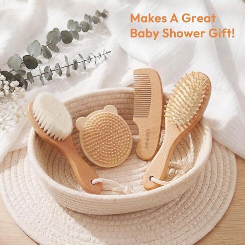 Baby Brush and Comb Set - 4 Piece Wooden Soft Bristle Hairbrush for Newborns, Baby Brush for Cradle Cap - Essentials Care Kit - Baby Shower Gift for Boys & Girls in Kuwait