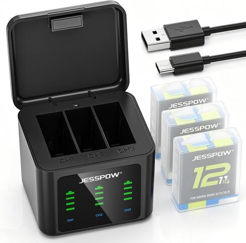 Battery Charger Kits for GoPro Hero 12 11 10 9 Black, 3-Pack 2000mAh Replacement Batteries + Triple Charge Case with Type-C Charging Cord for Go Pro 12 11 10 9 in Kuwait