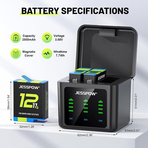 Battery Charger Kits for GoPro Hero 12 11 10 9 Black, 3-Pack 2000mAh Replacement Batteries + Triple Charge Case with Type-C Charging Cord for Go Pro 12 11 10 9 in Kuwait