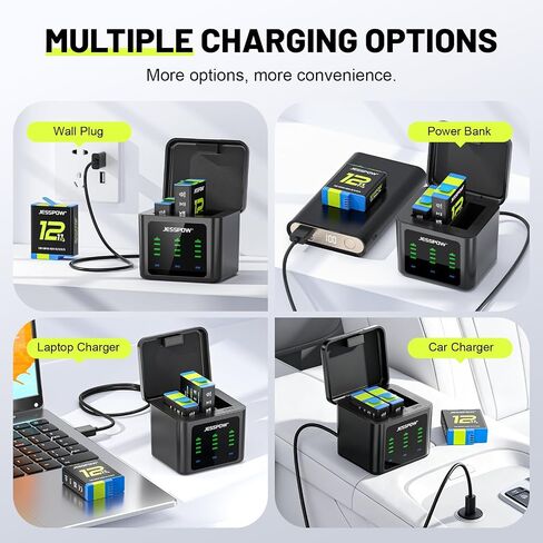 Battery Charger Kits for GoPro Hero 12 11 10 9 Black, 3-Pack 2000mAh Replacement Batteries + Triple Charge Case with Type-C Charging Cord for Go Pro 12 11 10 9 in Kuwait