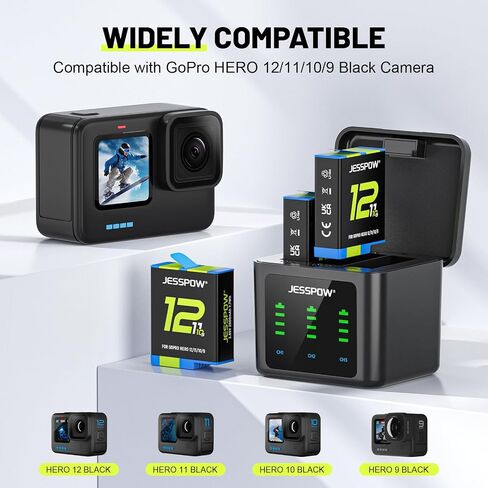 Battery Charger Kits for GoPro Hero 12 11 10 9 Black, 3-Pack 2000mAh Replacement Batteries + Triple Charge Case with Type-C Charging Cord for Go Pro 12 11 10 9 in Kuwait