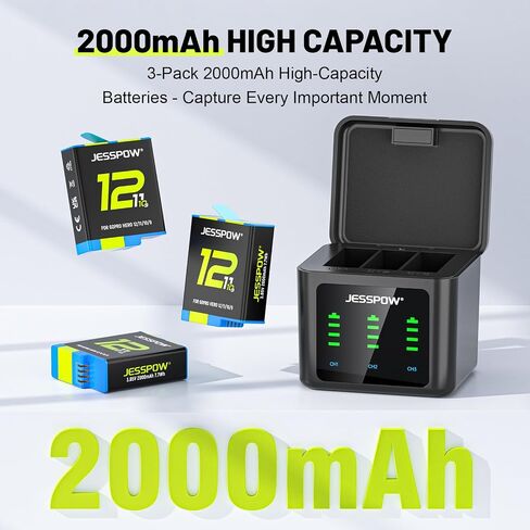 Battery Charger Kits for GoPro Hero 12 11 10 9 Black, 3-Pack 2000mAh Replacement Batteries + Triple Charge Case with Type-C Charging Cord for Go Pro 12 11 10 9 in Kuwait