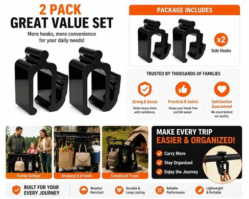 Universal Stroller Hooks for Bags, Heavy Duty Baby Stroller Accessories for Diaper Bags, Grocery Bags & Shopping Bags, Easy Install Stroller Clips for Most Strollers and Wagons in Kuwait