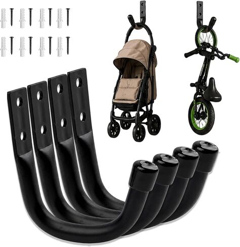 4 Pack Stroller Hooks for Garage - Heavy Duty Stainless Steel Wall Mount Stroller Storage Hangers with Rubber Protective Tips, Holds Up to 66 lb in Kuwait