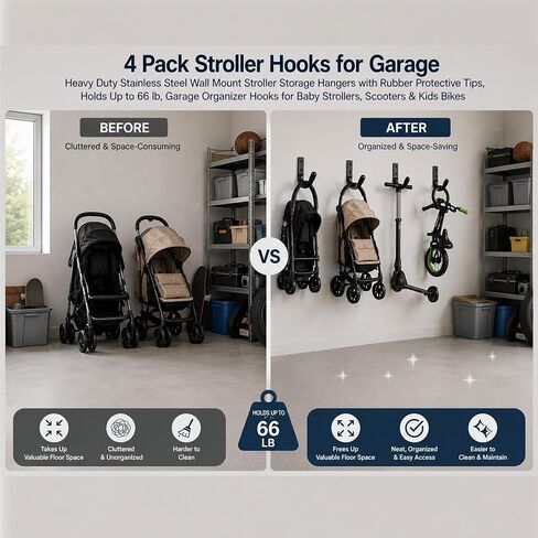 4 Pack Stroller Hooks for Garage - Heavy Duty Stainless Steel Wall Mount Stroller Storage Hangers with Rubber Protective Tips, Holds Up to 66 lb in Kuwait