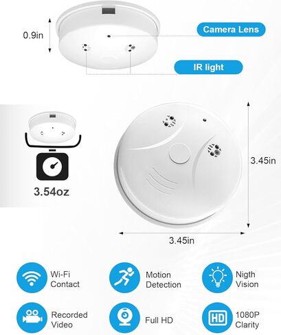 HD 1080P Hidden Camera Smoke Detector WiFi Cameras Wireless Small Spy Nanny Cam with Motion Detection, Surveillance Indoor Camera for Home Security No Audio in Kuwait