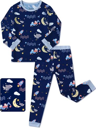 JunNeng Bamboo Viscose Toddler Boys' Pajamas 2 Piece Sleepwear PJs 12M-7Y | Snug Fit, Long Sleeve, Breathable, Lightweight, Soft, for Baby Boy and Little Kid in Kuwait