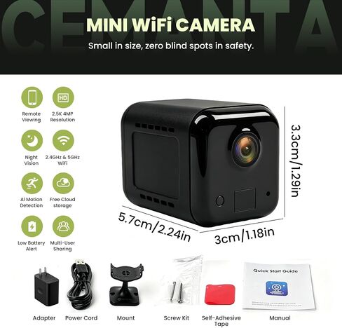 4MP Mini Security Camera Wireless Indoor, Free Cloud Storage, Small Hidden Cameras for Home Security, 2.4G/5G WiFi, AI Motion Detection, Night Vision, Battery Powered, Compatible with Alexa in Kuwait