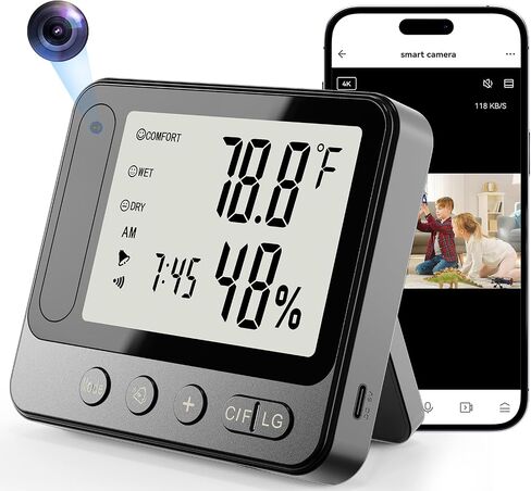Hidden Camera Thermometer Hygrometer, 4K Discreet Nanny Camera - WiFi Remote View, Night Vision, Motion Detection,3-in-1 Wireless Spy Camera for Home/Office/Pet (Black) in Kuwait