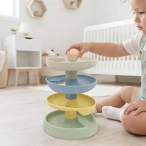 Little Rawr Silicone Ball Drop Tower Toy for Toddlers, 4-Tier Rolling Ramp Track with Wooden Balls, Soft Food-Grade Silicone Montessori Toy for Early Learning, Fine Motor Skill Development, Ages 1–3 | Includes 2 wooden balls, food-grade silicone, detachab in Kuwait