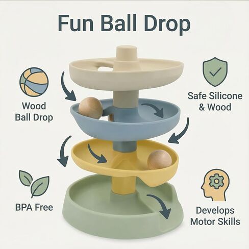 Little Rawr Silicone Ball Drop Tower Toy for Toddlers, 4-Tier Rolling Ramp Track with Wooden Balls, Soft Food-Grade Silicone Montessori Toy for Early Learning, Fine Motor Skill Development, Ages 1–3 | Includes 2 wooden balls, food-grade silicone, detachab in Kuwait