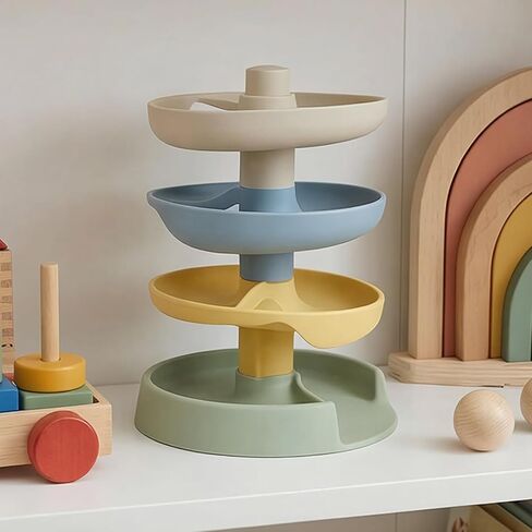 Little Rawr Silicone Ball Drop Tower Toy for Toddlers, 4-Tier Rolling Ramp Track with Wooden Balls, Soft Food-Grade Silicone Montessori Toy for Early Learning, Fine Motor Skill Development, Ages 1–3 | Includes 2 wooden balls, food-grade silicone, detachab in Kuwait