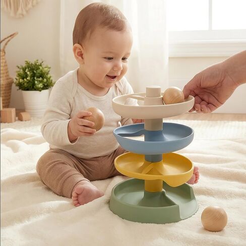 Little Rawr Silicone Ball Drop Tower Toy for Toddlers, 4-Tier Rolling Ramp Track with Wooden Balls, Soft Food-Grade Silicone Montessori Toy for Early Learning, Fine Motor Skill Development, Ages 1–3 | Includes 2 wooden balls, food-grade silicone, detachab in Kuwait