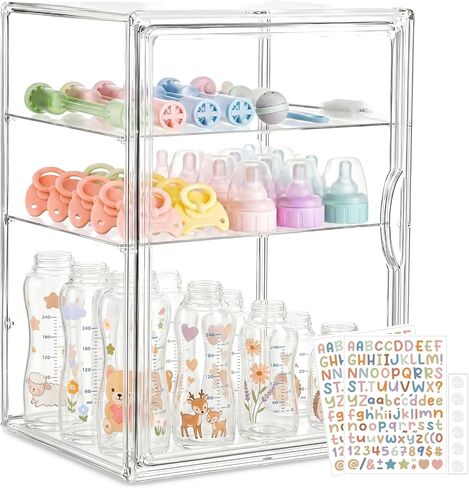 Baby Bottle Organizer, 3 Tier Bottle Storage Organizer with 2 Sheet Alphabet Stickers, 2 Removable Dividers and Magnetic Door, Clear Bottle Station Organizer for Countertop Cabinet in Kuwait