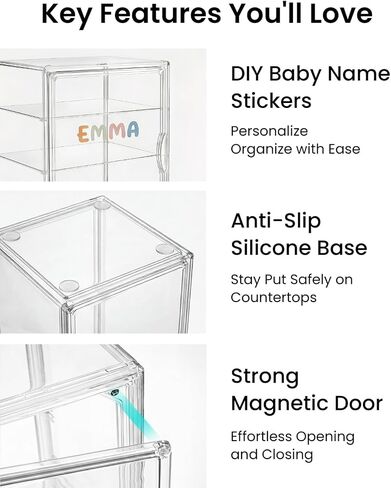 Baby Bottle Organizer, 3 Tier Bottle Storage Organizer with 2 Sheet Alphabet Stickers, 2 Removable Dividers and Magnetic Door, Clear Bottle Station Organizer for Countertop Cabinet in Kuwait