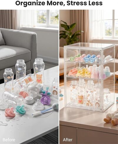 Baby Bottle Organizer, 3 Tier Bottle Storage Organizer with 2 Sheet Alphabet Stickers, 2 Removable Dividers and Magnetic Door, Clear Bottle Station Organizer for Countertop Cabinet in Kuwait
