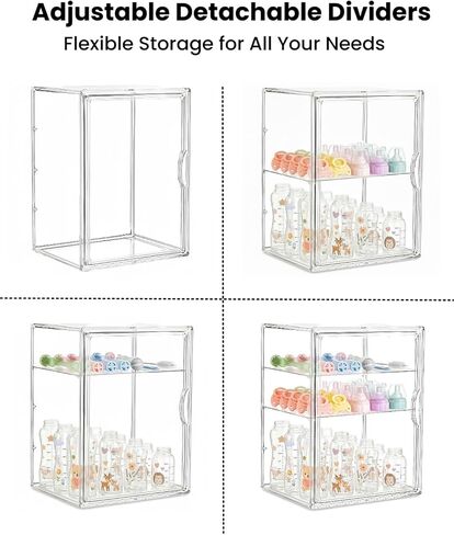 Baby Bottle Organizer, 3 Tier Bottle Storage Organizer with 2 Sheet Alphabet Stickers, 2 Removable Dividers and Magnetic Door, Clear Bottle Station Organizer for Countertop Cabinet in Kuwait