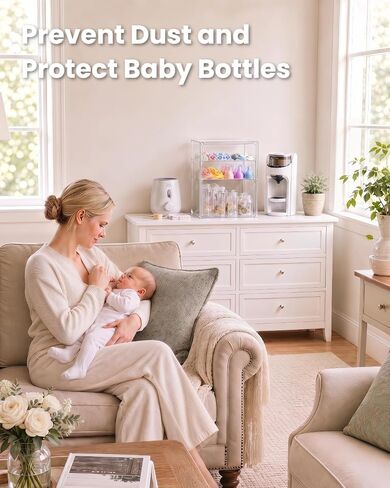 Baby Bottle Organizer, 3 Tier Bottle Storage Organizer with 2 Sheet Alphabet Stickers, 2 Removable Dividers and Magnetic Door, Clear Bottle Station Organizer for Countertop Cabinet in Kuwait