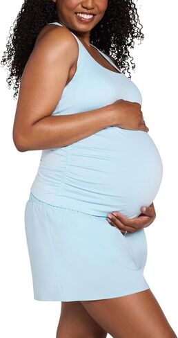 Motherhood Maternity Women's Active Scoop Neck Racerback Pregnancy Tank with Built-in Support and Under The Belly Athletic Tennis Skort Set, Aqua, X-Large in Kuwait