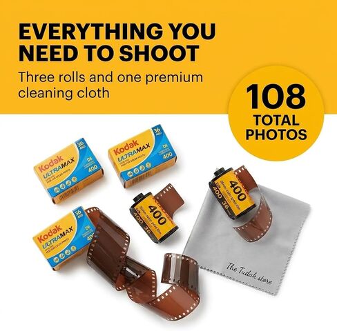 Kodak Ultramax 400 35mm Film - 3 Packs of 36 Exposure Rolls for 35mm Cameras Bundled with The Tudak Store Microfiber Cloth - 108 Exposures, ISO 400 Color Negative Film for 35mm Film Camera in Kuwait