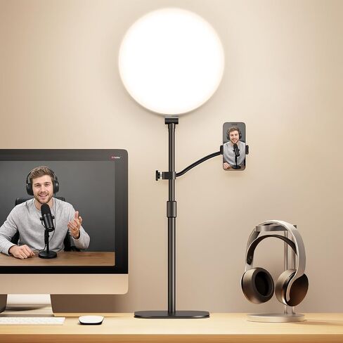 Full-Panel Ring Light with Stand and Extra-Long Flexible Phone Arm for Podcast & Streaming, 10" LED Video Light for Desk, Laptop & Computer, Dimmable Light for Video Recording & Content Creation in Kuwait