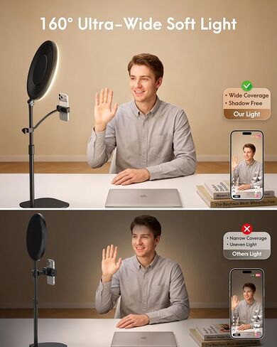 Full-Panel Ring Light with Stand and Extra-Long Flexible Phone Arm for Podcast & Streaming, 10" LED Video Light for Desk, Laptop & Computer, Dimmable Light for Video Recording & Content Creation in Kuwait