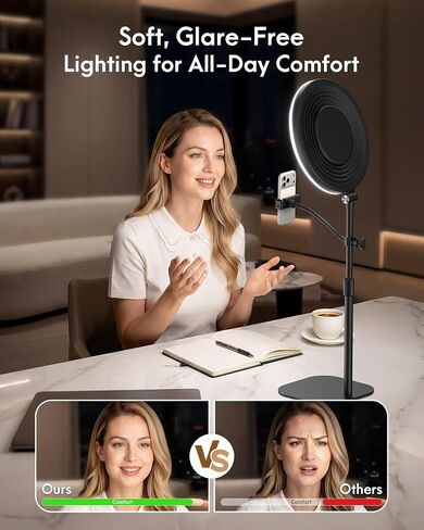 Full-Panel Ring Light with Stand and Extra-Long Flexible Phone Arm for Podcast & Streaming, 10" LED Video Light for Desk, Laptop & Computer, Dimmable Light for Video Recording & Content Creation in Kuwait