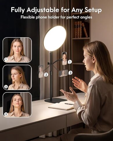 Full-Panel Ring Light with Stand and Extra-Long Flexible Phone Arm for Podcast & Streaming, 10" LED Video Light for Desk, Laptop & Computer, Dimmable Light for Video Recording & Content Creation in Kuwait